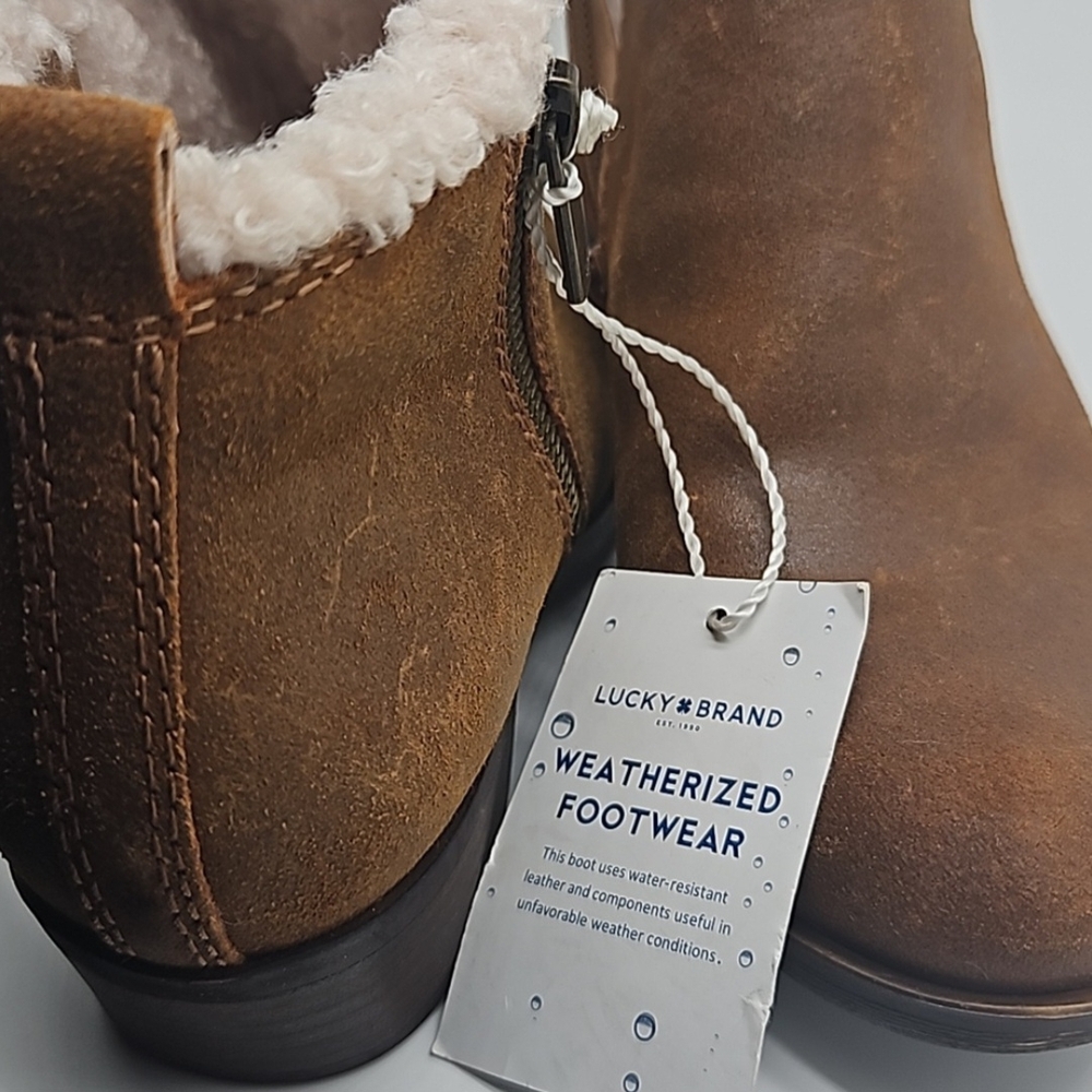 Lucky Brand Weatherized Tan Leather Ankle Booties Faux Fur Lining NWT  Size 5.5 - Picture 5 of 6